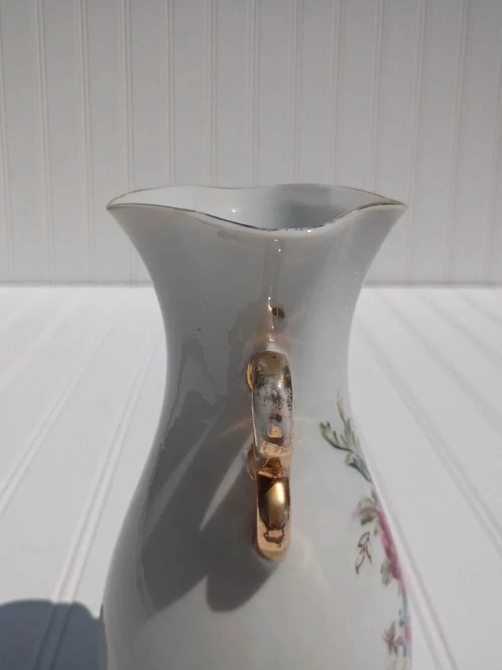 Vintage Japanese Porcelain Vase Pink Rose Floral Gold Trim Scroll Handles 7.25